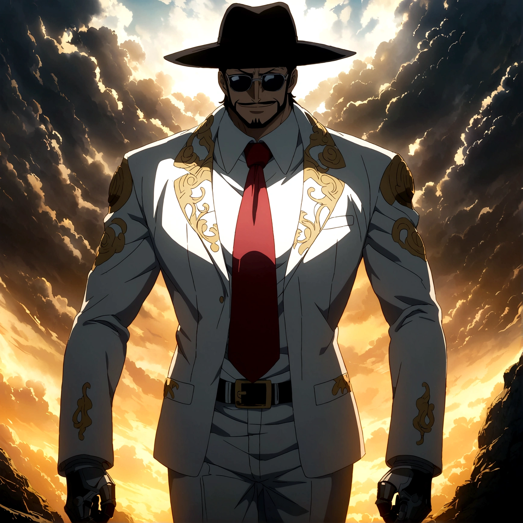 Tall Man, Slightly Muscular Body, Long Black Hair, White Suit, Red Tie, Black Hat, Sunglasses, Small Beard, Black Gloves, Mad Scientist Smile, Mad Scientist, White Mechanical Arms, Anime Features Inspired by ONE PIECE, Bathed in Dramatic, Amazing Lighting, Dramatic Lighting, Infused with Creative Details, Ultra-Fine 2D Drawing, Amazing Scenery, Bathed in Creativity, Boasting Anime Resolution Clarity, Anime Graphics, High-Octane Rendering