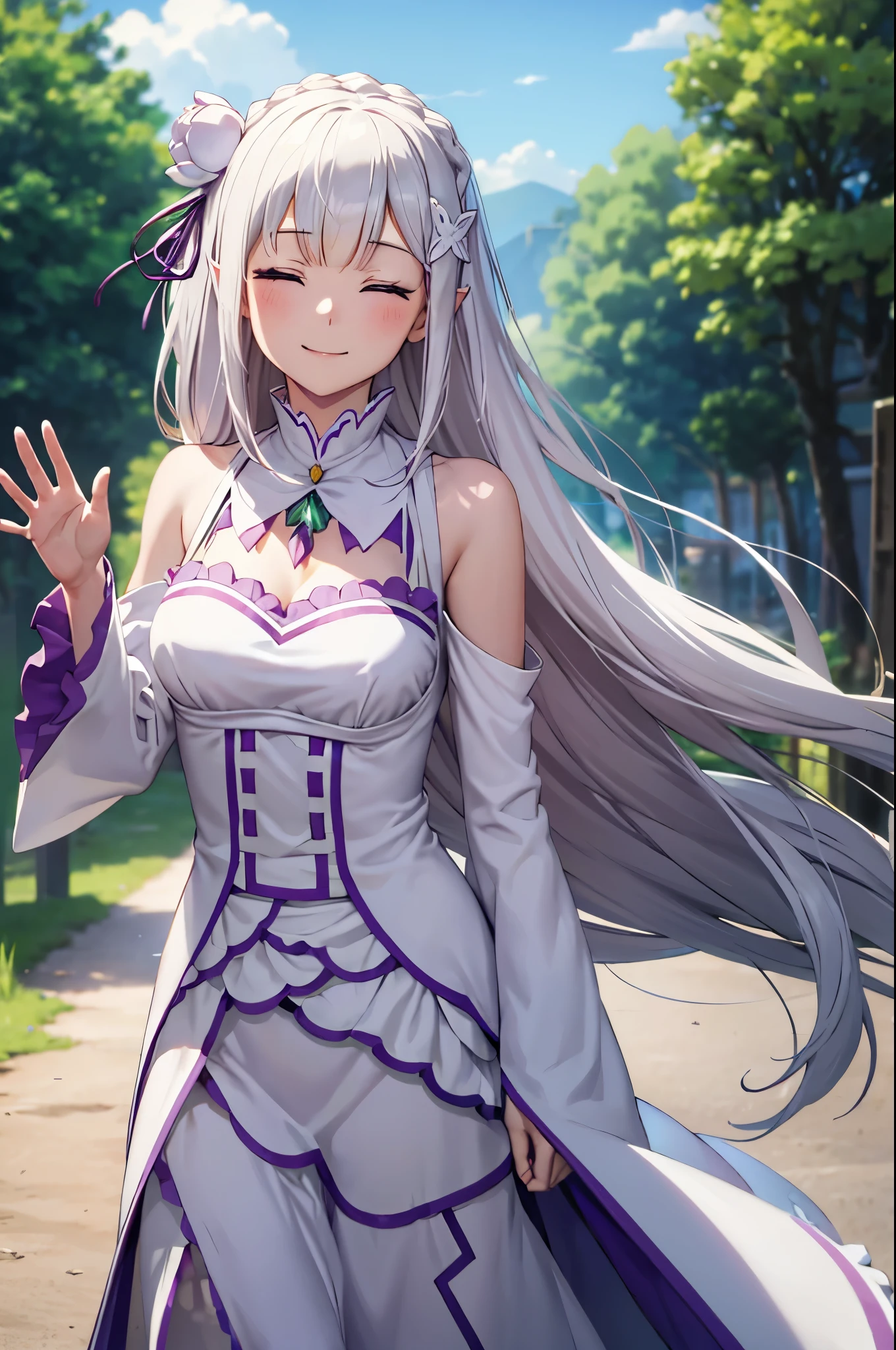 (masterpiece:1.3), (best quality:1.1), (8k, ultra detailed, ultra high res:1.2), ((anime style)), perfect 5 fingers, perfect anatomy, 
1girl,
emilia\(re:zero\),
long hair, low-tied long hair, braid, crown braid, 
white hair, 
(shutting eyes:1.2), 
(pointy ears:0.8), 
flower, hair flower, hair ornament, hair ribbon, white flower, x hair ornament, 
BREAK medium breasts, 
dress, pink dress, bare shoulders, detached collar, long sleeves, shoulder cutout, wide sleeves, white sleeves, 
(smile:1.2), 
looking at viewer, 
upper body,  
BREAK standing, (Waving gesture:1.2), outdoor, forest, sky, 