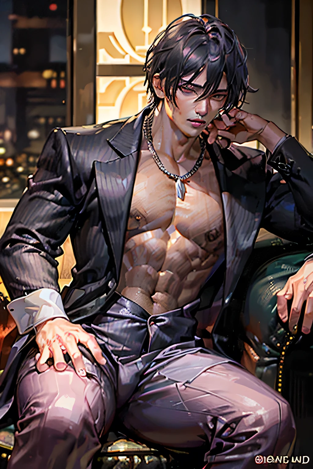 1 man, old, wealthy, muscular, shirtless, handsome, sitting at a Chinese bar, holding a wad of money, flexing abs, wearing a suit, shirtless, naked, anime style, tight clothes, holding a wad of money, chinese decoration and architecture,(best quality,4k,8k,highres,masterpiece:1.2),ultra-detailed,(realistic,photorealistic,photo-realistic:1.37),cinematic lighting,dramatic chiaroscuro,moody atmosphere,strong contrast,rich color palette,glamorous