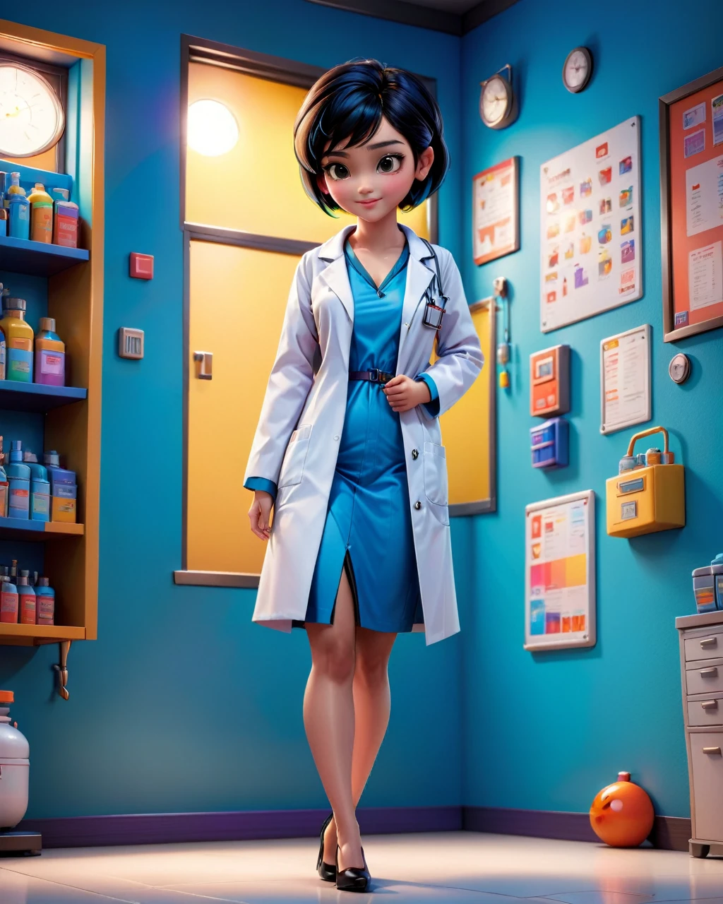 A beautiful young girl, realistic full body image of a beautiful girl, black pixie hair cut,wearing a doctor's coat with a blue V neck undershirt, with big breasts.bright color octane rendering that is trending at the art station, unified color background wall, beautiful, attractive, 3d rendering, cute pixar, inspired by Du Qiong, andrew dickson , realistic, 3D, cartoon style, well shaded, smooth, Pixar.