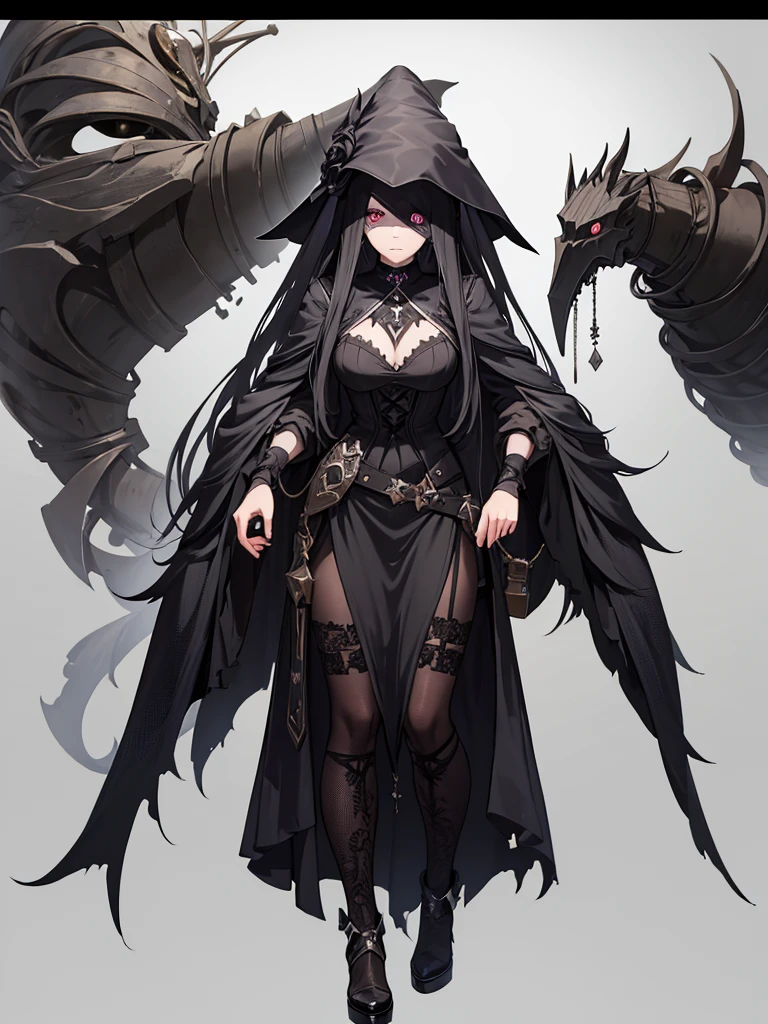 A female plague doctor. She would have totally black, short and messy hair. Her eyes would also be black and she would be very tall, having the appearance and stature of an adult. Her clothes would cover her entire body except for her face.