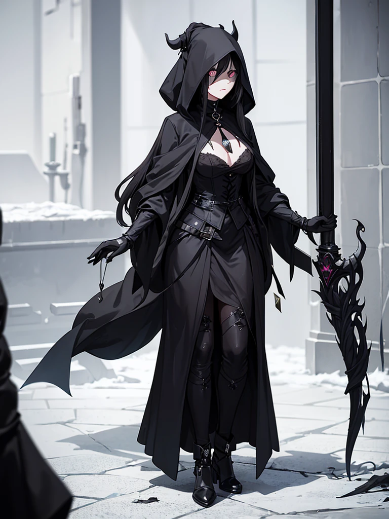 A female plague doctor. She would have totally black, short and messy hair. Her eyes would also be black and she would be very tall, having the appearance and stature of an adult. Her clothes would cover her entire body except for her face.