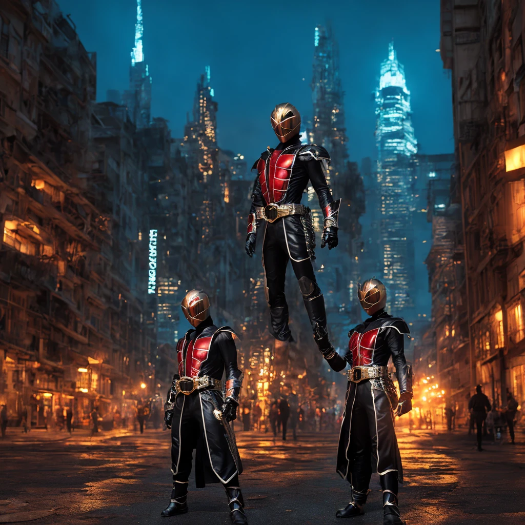 kamen rider wizard。ファンタジー風の全身鎧を身にまとったwoman, Only the eyes were exposed、A fully enclosed helmet designed to resemble a crown, Composite Layered Chest Plate, Fully covered shoulder and hand guards, Lightweight waist armor, Close-fitting shin guards, The overall design is sturdy yet flexible, ((The armor emits a blue light., Accented with black and green accents)), Gives off a noble aura, She is floating above the city of the future, This character is、It embodies a hero wearing fantasy surreal style armor elaborately crafted in anime style.。, Exquisite and mature cartoon art style, (Bat Concept Armor, Realistic:1.4, Realistic textured materials:1.2, Professional photos, Cinematic), ((City night view, element, energy, elegant, goddess, woman:1.5)), metallic, High resolution, Highest quality, High resolution, 超detailed, Ultra-fine painting, Very delicate, Anatomically correct, Symmetrical face, 非常にdetailedな目と顔, High quality eyes, creativity, RAW Photos, 超High resolution, 32k, Natural light, Cinematic lighting, masterpiece-anatomy-perfect, masterpiece:1.5、Realistic, Highest quality, masterpiece, difficult_suit, A street with towering skyscrapers,Neon Light, Holographic Projection, スチームパンクのelement, Concept art by Syd Mead, cyber punk, Digital Painting, Futuristic cityscape, Vibrant, Neon color, Holographic Projection, Intricate details, High resolution, detailed、