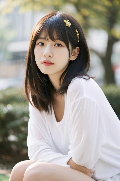 There is a woman sitting with her hair pulled back., White long sleeve T-shirt、((I don't wear anything on my lower body))、Sitting on the bed、Red ribbon、shikamimi, Korean Girls, sakimichan, beautiful south Korean women, Korean women, Yoshitomo Nara, For whom?, harumi, Short hair, Park Jimin, Choi Hong-hwa, narumi kakinouchi、Short Hair、Loose and fluffy hair、