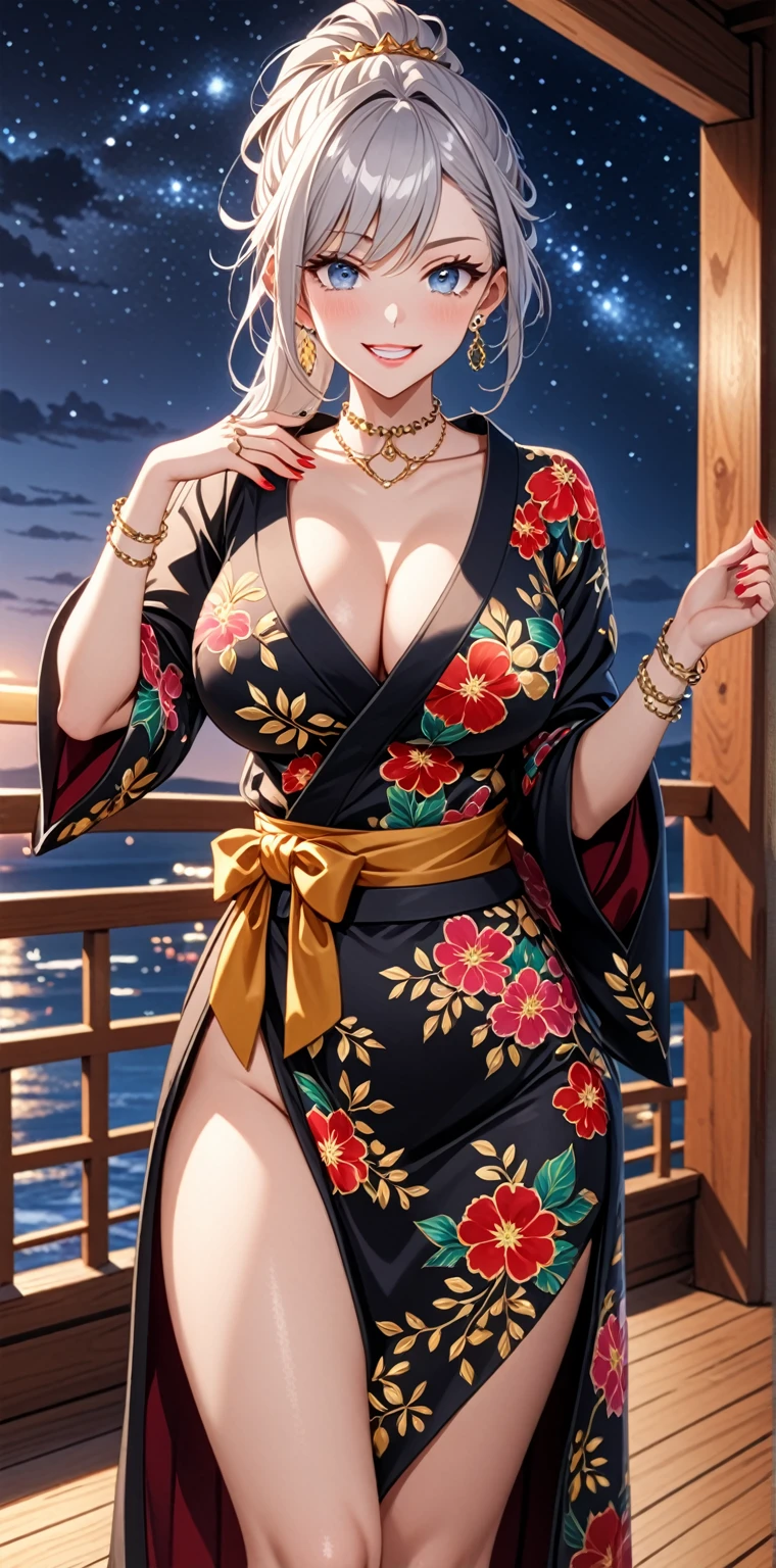((One personの女性)), Beautiful Face, (Laugh shyly), (Captivating smile:1.4), ((Wink:1.5)), ((Tilt your head:1.1)), Laugh with your mouth wide open, Upper teeth, View your viewers, (Striking a sexy pose), ((full-face brash:1.4)), Glossy Red Lips, ((Big Breasts:1.3)), night,Sea view terrace, Starry Sky, Glossy pink lips, (Shining Face), ((Anime style background)),masterpiece, Highest quality, so beautiful,Latest, Complex details, (Red colored long nails), (nail art), (ring),(bracelet),(Floral Choker), (gold helix piercing:1.7), AI-generated, Complex,High resolution, Highest quality, super high quality,3D Images、3D Images,One person,Long white hair,High Ponytail, Anime woman posing for a photo, ((Silver Eyes:1.7)), ((fine grain、Bright Blue Eyes、Shining Eyes:1.4)), (Squint your eyes:1.1),a hyperRealistic , hyperRealistic , Realistic,Long white hairのアニメ女性, Smooth anime CG art, (A woman in a colorful kimono with gold embroidery), ((Black kimono:1.5)), Red floral pattern,Long flower hair ornament,Floral Earrings,Mature Body,expensive,Abdominal muscles,Tight waist, ((full body:1.3)), (Zoom in on face:1.3), (dutch angle:1.3),