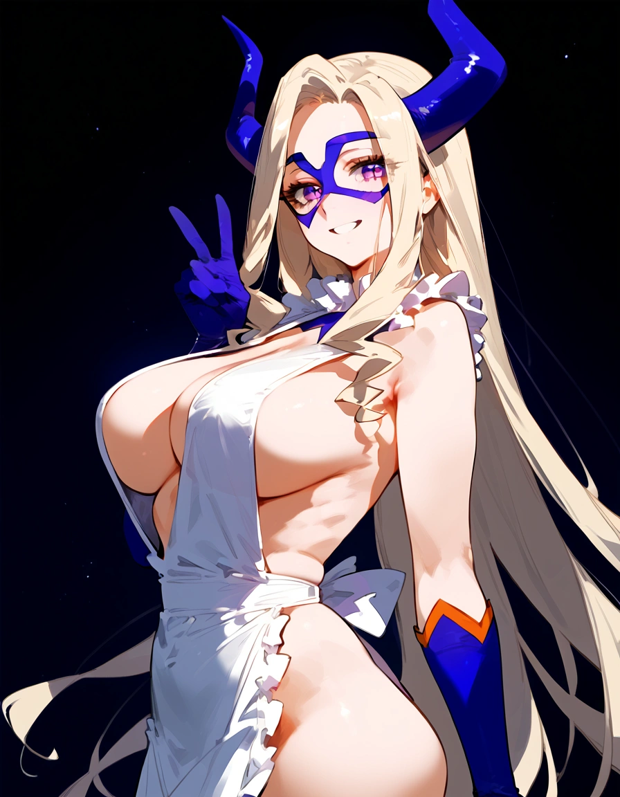 anime artwork, score_9, score_8_up, score_7_up, score_6_up, score_5_up, score_4_up, Mount Lady, blonde hair, purple eyes, big breasts, she is 24 years old, style_3, , , , black background, apron, naked, side , ass, V, solo, smile, arched back