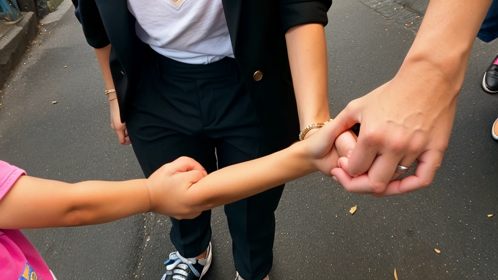 On the street, a 30-year-old rich woman holding the hand of a poor, dirty 8-year-old boy