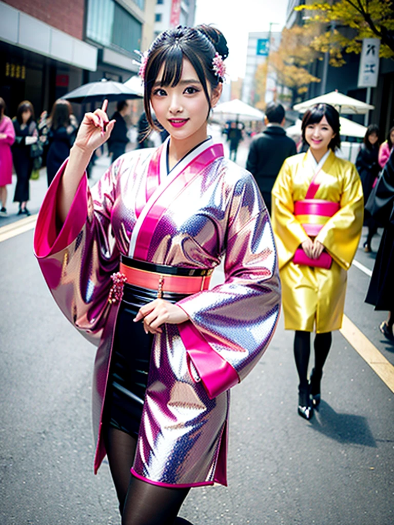 high quality, high resolution, Scenery of the city,Lots of girls,She is wearing a long-sleeved kimono made of super shiny enamel fabric.,The girls in the background are all wearing furisode kimonos made from super shiny enamel fabric.,All of the furisode are super high-cut leotards that cut from the waist down to the waist.,Wearing black shiny stockings,The color of the furisode is shocking pink,Heavy brainwashing makeup,Dark eyeshadow,Shiny red lipstick,