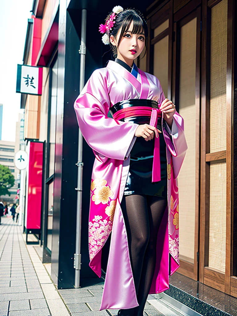 high quality, high resolution, Scenery of the city,Lots of girls,She is wearing a long-sleeved kimono made of super shiny enamel fabric.,The girls in the background are all wearing furisode kimonos made from super shiny enamel fabric.,All of the furisode are super high-cut leotards that cut from the waist down to the waist.,Wearing black shiny stockings,The color of the furisode is shocking pink,Heavy brainwashing makeup,Dark eyeshadow,Shiny red lipstick,