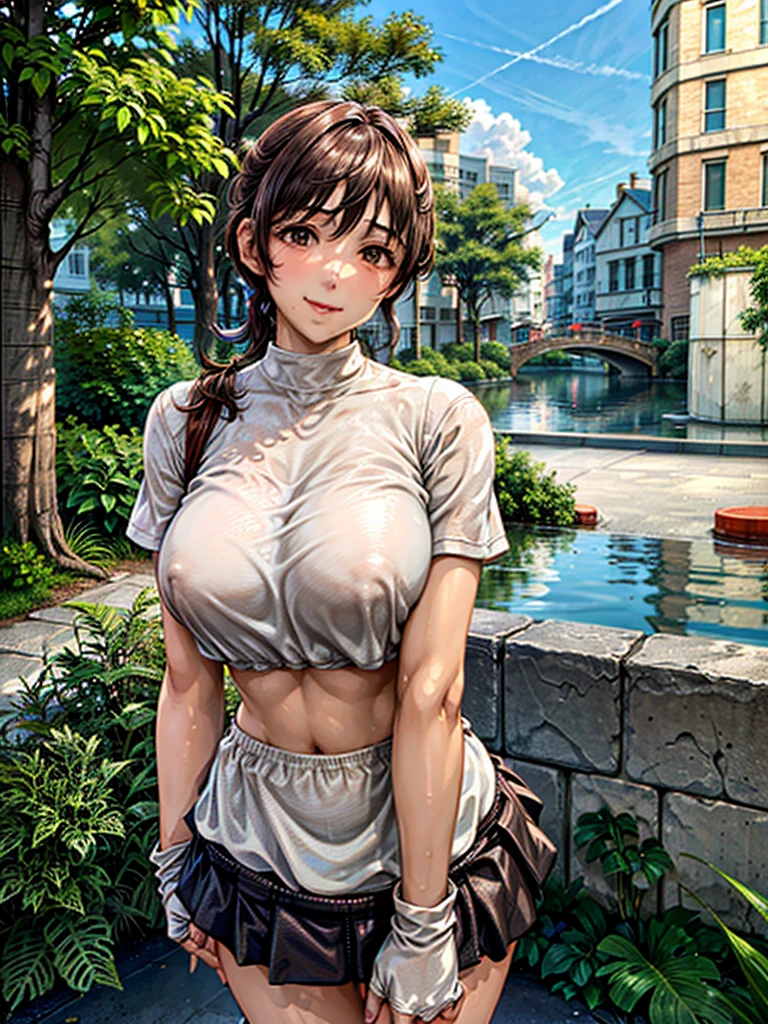 2 sexy hot girls with a crop top wet and a skirt really wrinkled who leaves their forms outside,18 years old,brown hair,beautiful low ponytail hairstyle, (miniskirt and large white shirt, (double breasted,under bust:1), short sleeve, natural smile,,frameless eyeglasses,(slouch) a colossal breasts are visible in front a photo taken in profile photo 12K