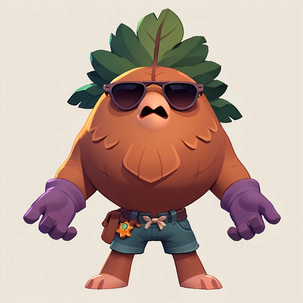 a creature resembles a living tree trunk, wearing sunglasses, wearing shorts and purple gloves