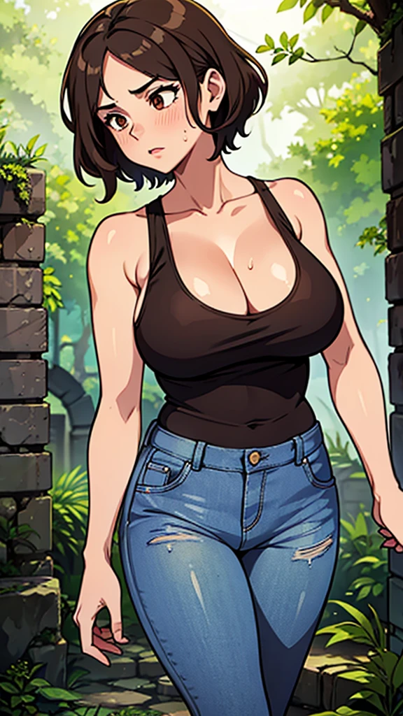 masterpiece, best quality, ultra-detailed, 1girl, eye-level shot, walking, milf, brown wavy short hair, sweaty skin, cleavage, tank top, jeans, ancient ruins of jungle