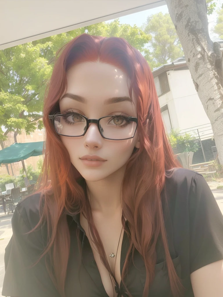 arafed woman Spectacled and a black shirt sitting in a chair, Spectacled, with red hair, Spectacled on, 18 years, about 1 9 years, 28 years, with long hair and piercing eyes, amorant, 23 years old, 29 years, 22, looking from the side, profile picture