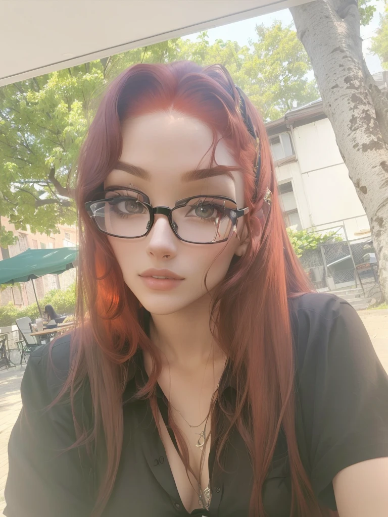 arafed woman Spectacled and a black shirt sitting in a chair, Spectacled, with red hair, Spectacled on, 18 years, about 1 s, 28 years, with long hair and piercing eyes, amorant, 23 years old, 29 years, 22, looking from the side, profile picture