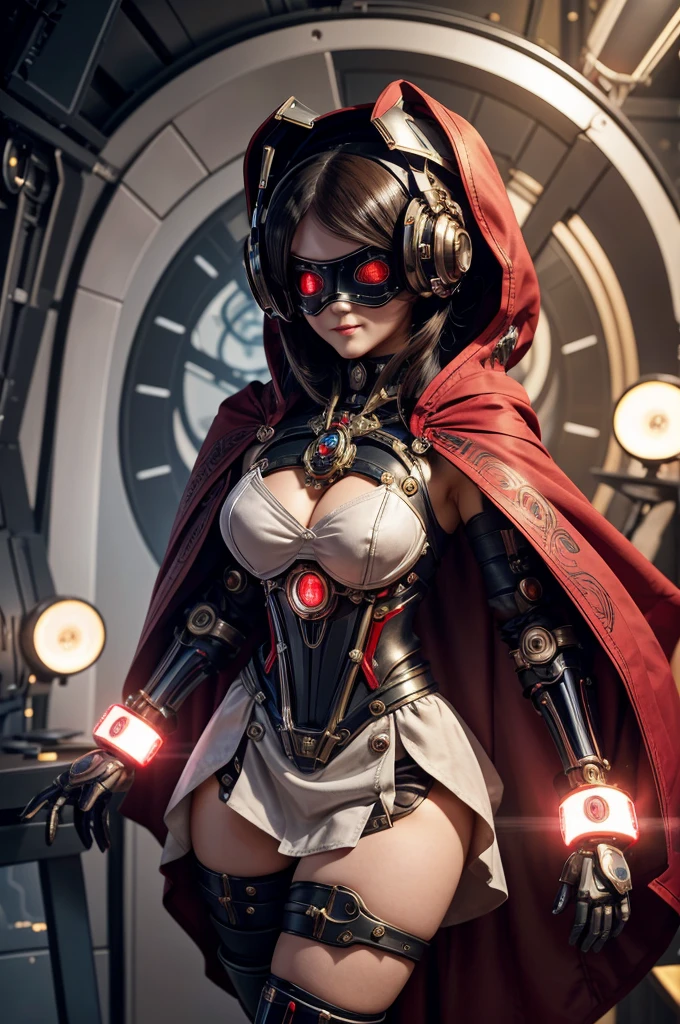 The picture shows a (cute) Adeptus Mechanicus girl. Her gaze is penetrating, and her face is hidden under a mask with monitors and LEDs. Graceful mechanical limbs complete her elegant appearance, and her outfit emphasizes her strength and uniqueness in the world of technology, big head, cute girl, red cloak , laughing, (((chibi)), ful body, full legth,  