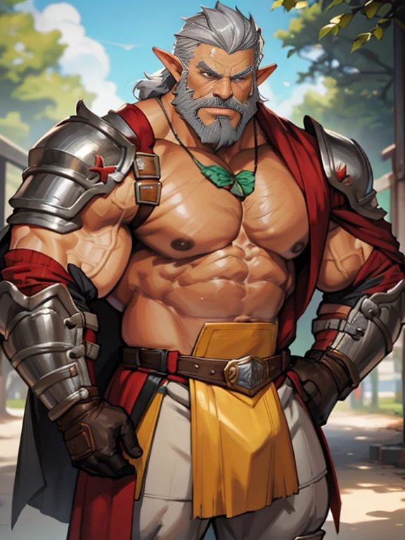 burly virile hairy elf, in a suit of armor, a himbo muscle daddy, middle-aged dilf, hirsute, overmuscular and musclebound, bulging veiny muscles, a warrior's build, a bodybuilder's physique, long bushy and a thick mustache, a square jaw, handsome and dreamy, rugged and manly, grey hair, a gladiator in the arena
