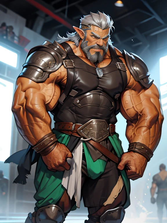 burly virile hairy elf, in a suit of armor, a himbo muscle daddy, middle-aged dilf, hirsute, overmuscular and musclebound, bulging veiny muscles, a warrior's build, a bodybuilder's physique, long bushy and a thick mustache, a square jaw, handsome and dreamy, rugged and manly, grey hair, a gladiator in the arena