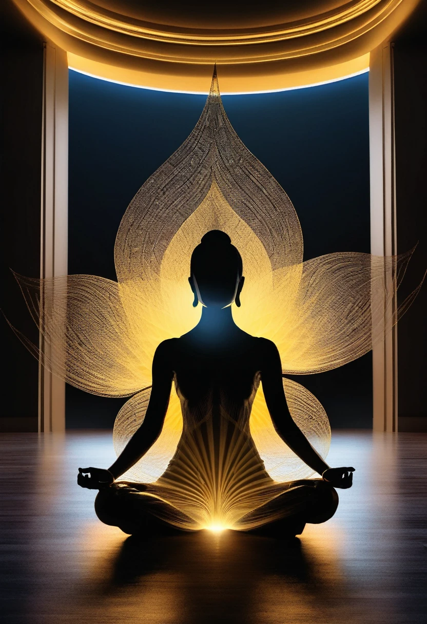 Fascinating silhouette of a mysterious figure, The statue is beautifully rendered in a serene lotus pose., Gives off a truly captivating golden aura, Illuminates the inner spiritual aura. Complex lighting effects create a hypnotic illusion, Against a pitch black background、Cast a heavenly halo around a person. The scene is presented in a breathtaking 360-degree view, Providing a comprehensive and immersive view.
Ultra-high resolutionで製作 (Ultra-high resolution) Optimized for Retina displays, This silhouette shows off anatomical accuracy and highly detailed features., ensuring