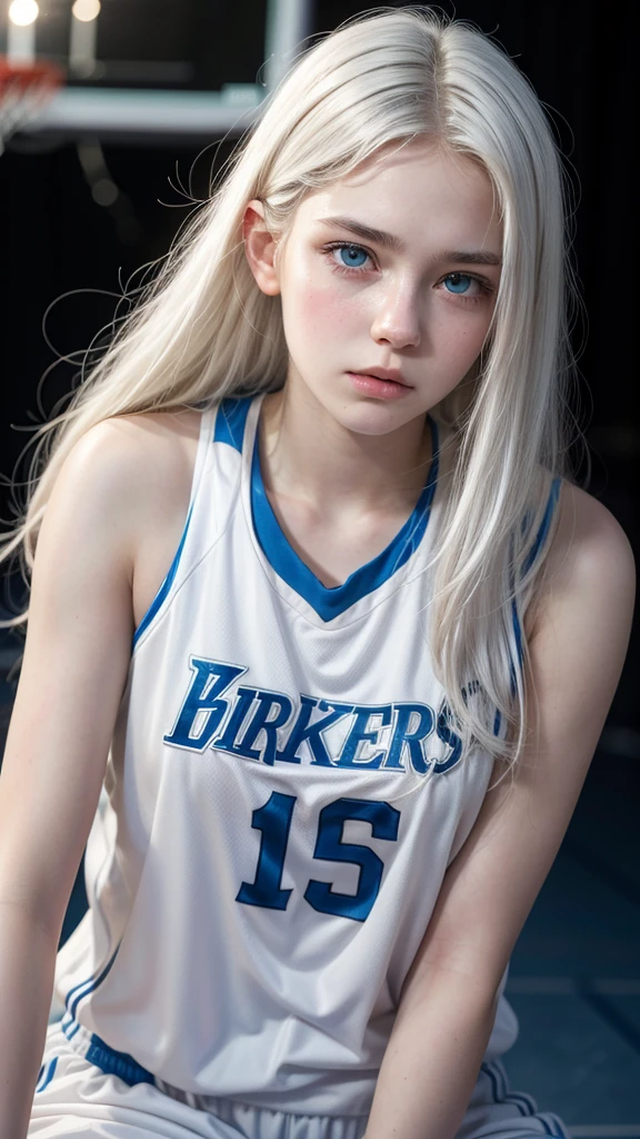 Basketball player, 16 year old girl with white hair, white skin and blue eyes, with a sad face