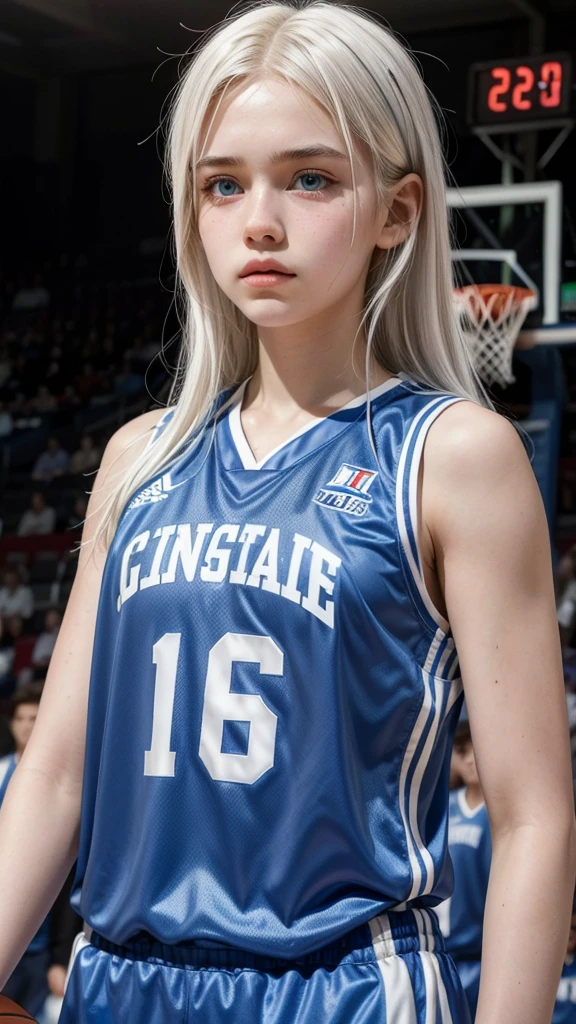 Basketball player,  16 year old girl with white hair, white skin and blue eyes, with a sad face 