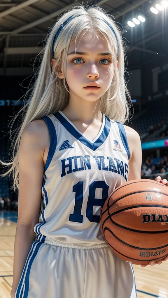 Basketball player, 16 year old girl with white hair, white skin and blue eyes, with a sad face
