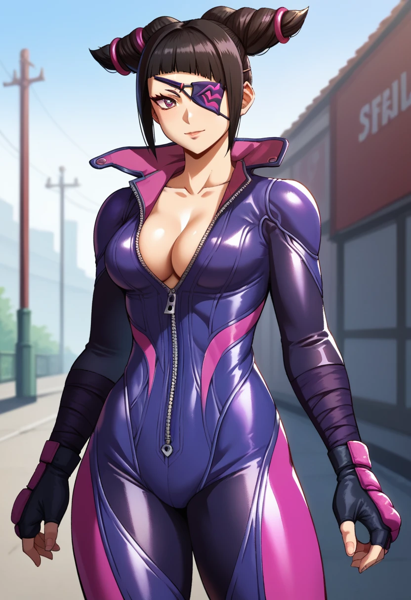 score_9,score_8_up,score_7_up,score_9,4k,HD,8k,highres,antialiasing,detailed,textureBREAK,han juri,1girl,solo,looking at viewer,short hair,large breasts,black hair,gloves,purple eyes,medium breasts,black gloves,blunt bangs,fingerless gloves,bodysuit,eyepatch,skin tight,:p,zipper,unzipped,purple bodysuit,hair horns,biker clothes,bikesuit,thighs,cowboy shot,street background,