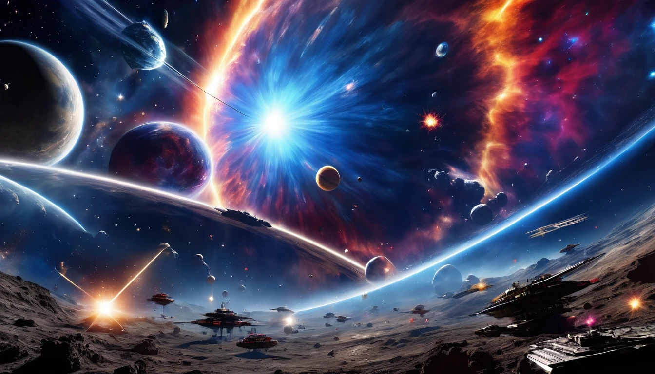 Vast space war、epic space battle:1.55、Countless combat robots、Lots of space fighters、Space Battleship、Surreal、Manga Style、宇宙に巨大なSpace Battleshipが浮かぶ、(Celestial Nebula:1.9)、Mysterious cosmic energy、Dramatic lighting、Surreal、Cinematic、Bright colors、Dramatic Chiaroscuro、Volumetric lighting、Realistic、masterpiece、Highest quality、8K、Very detailed、Physically Based Rendering、 EdobHorrorLandscape