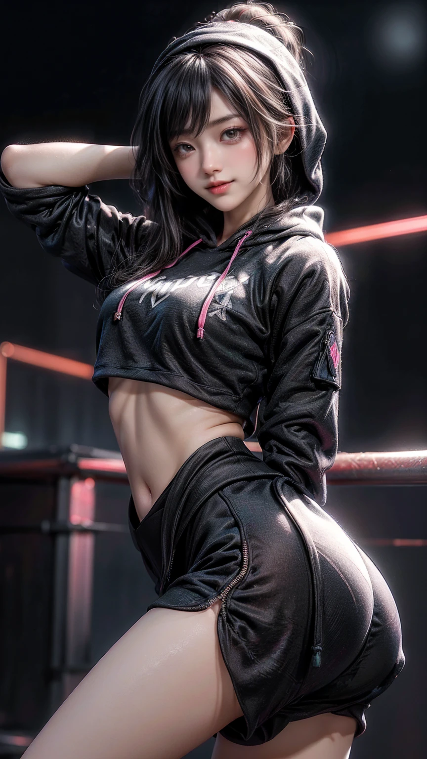 ((masterpiece, 最好of质量, Highest image quality, high resolution, Reality, RAW photos, 8K)), Ultra wide angle, girl, (Lower Bust:1.4),Big sagging breasts、(Smile:1.5),Colored undercoat,长长of灰白头发:1.5,蓬乱of长发:1.35,Black long hair,复杂of发型,(((neon_粉色of_With eyes:1.3))),复杂of眼睛,美丽而精致of眼睛,Symmetrical eyes)),(Lower abdomen,Willow Waist,Wide hips,Athlete physique detailed subject), 可爱of大乳房,of,((((Cropped Hoodie,)))), (Dynamic poses:1.0),Just focus,Embarrassing,(Centrally located,Scale to Fit,Rule of Thirds), Neon lights are particularly eye-catching, very bright neon light,at night, starry night, universe, Art Photography,(Photo by sldr),high resolution, Focus, (写实of艺术品:1.37),(extremely detaildof CG unified 8k wallpapers),((Synthwave Background Theme)),(((Bright colors))),complex,(complexof背景),(tmasterpiece),(最好of品质),Itof a perfect face,完美of面部细节,逼真of脸,Live photos,Analog style,((复杂of细节)),(((实际of))),