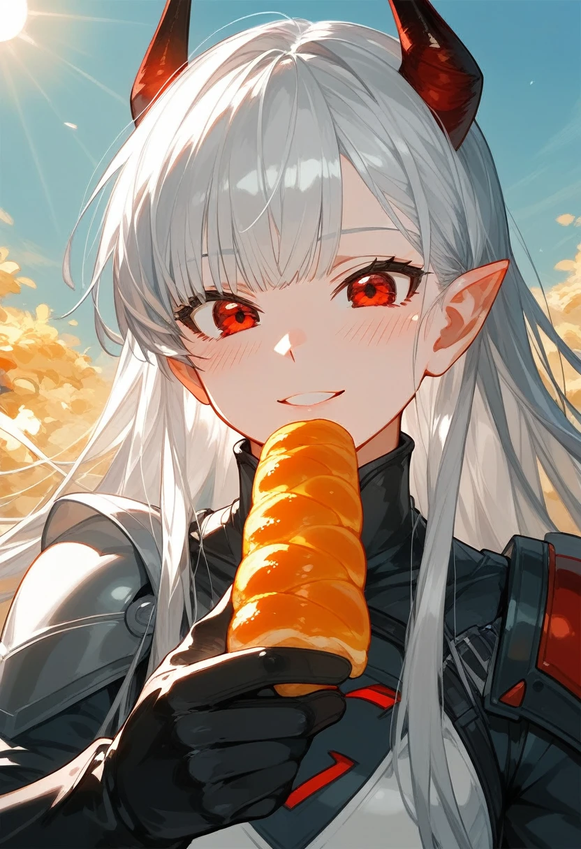 score_9,score_8_superior,score_7_superior,One Man,gloves,Food,Red eyes,alone,Long Hair,Gray Hair,black gloves,Face focus,View your viewers,Part your lips,Holding,Outdoor,null,bangs,Day,smile,blush,demon 角,Shorthand,sun,