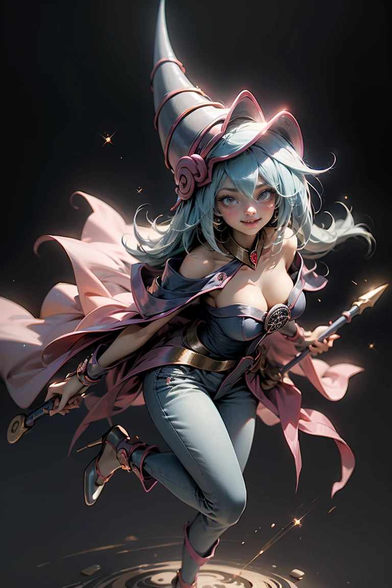 (Masterpiece:1.2), (The best quality:1.2), perfect lighting, Dark Magician Girl casting a spell, smiling. happy. in battle. floating in the air, big and visible tits, wear jeans and heels. transparent neckline, blue robe, big hat, From above, sparkles, Yugioh game, The magic of the heart, romantic heart.