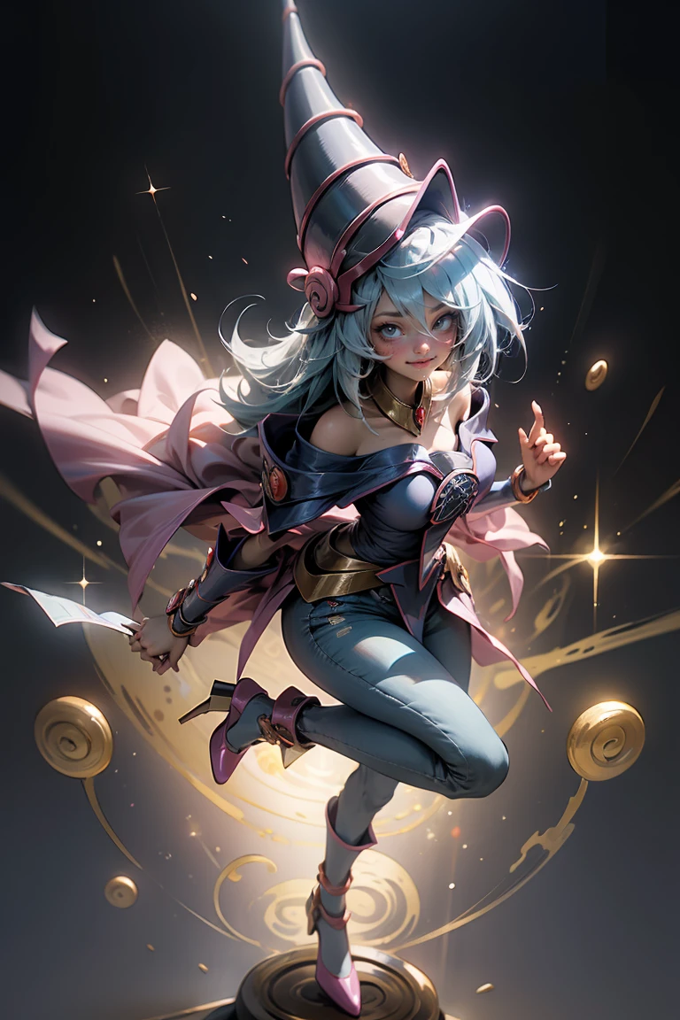 (Masterpiece:1.2), (The best quality:1.2), perfect lighting, Dark Magician Girl casting a spell, smiling. happy. in battle. floating in the air, big and visible tits, wear jeans and heels. transparent neckline, blue robe, big hat, From above, sparkles, Yugioh game, The magic of the heart, romantic heart.