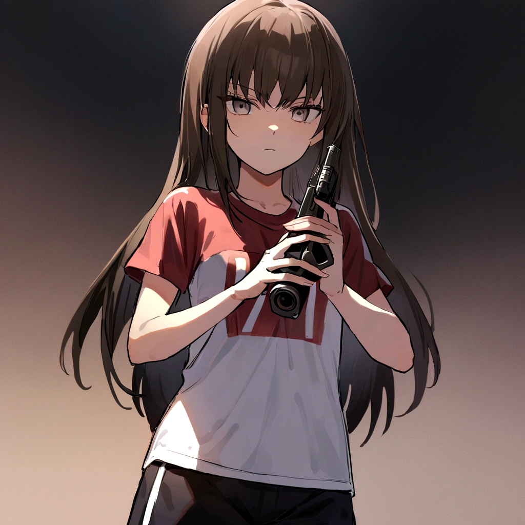 make me a girl, 16 years old, sports t-shirt and sports shorts, gun in his hands, She is serious, short dark brown hair, grey eyes