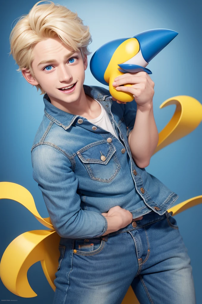 Boy character from the film amusingly, disney pixar style,3d,with blond hair, blue eyes, with blue beak, jeans, Face with cheerful expression, yellow skin, white background 8k quality