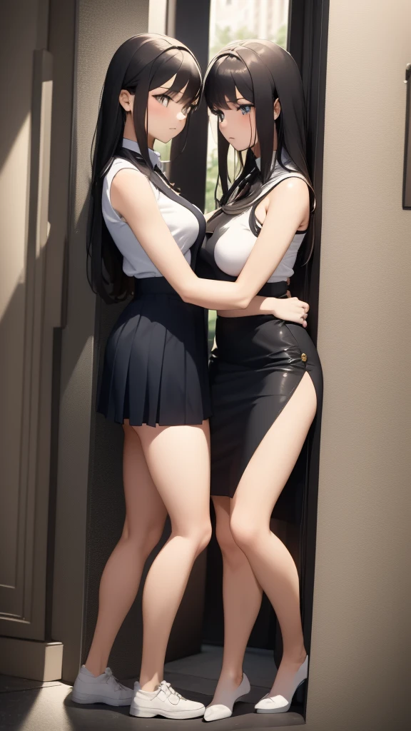 ((2 girls,))  18 years of age,  one pinned against a wall with her arms above her head,one lifting her skirt, panties showing, both looking deeply into each other eyes,  seductive looking, 