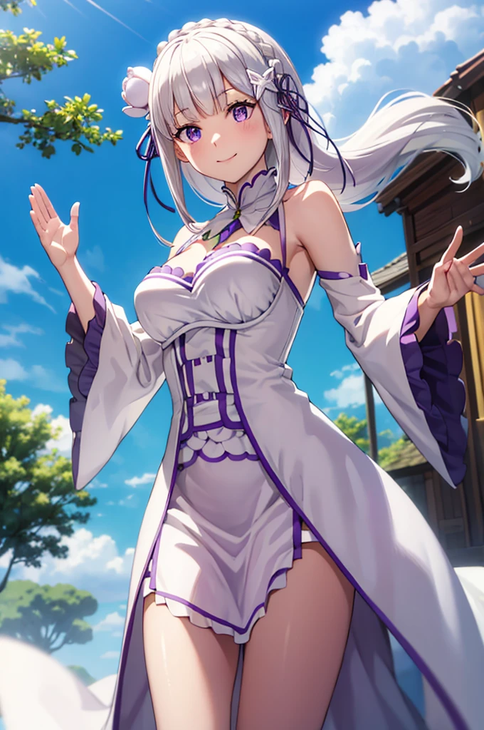 (masterpiece:1.3), (best quality:1.1), (8k, ultra detailed, ultra high res:1.2), ((anime style)), perfect 5 fingers, perfect anatomy, 
1girl,
emilia\(re:zero\),
long hair, low-tied long hair, braid, crown braid, 
white hair, 
purple eyes, 
(pointy ears:0.8), 
flower, hair flower, hair ornament, hair ribbon, white flower, x hair ornament, 
BREAK medium breasts, 
dress, pink dress, bare shoulders, detached collar, long sleeves, shoulder cutout, wide sleeves, white sleeves, 
(light smile:1.3), 
looking at viewer, 
upper body,  
BREAK standing, (Waving gesture:1.3), outdoor, forest, sky, summer, 