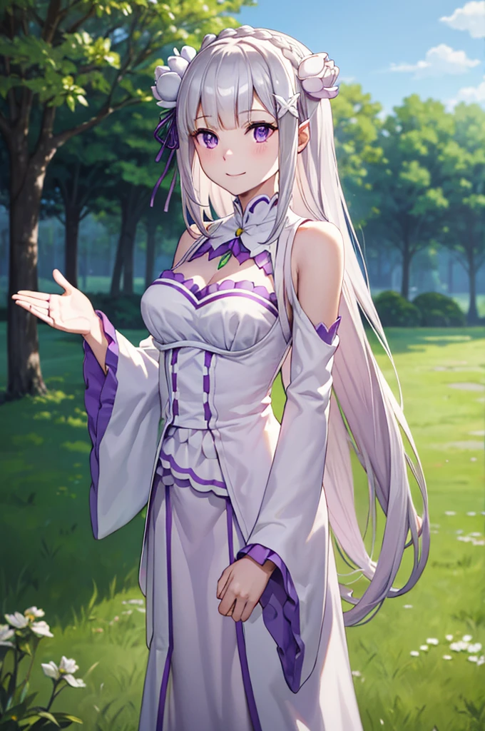 (masterpiece:1.3), (best quality:1.1), (8k, ultra detailed, ultra high res:1.2), ((anime style)), perfect 5 fingers, perfect anatomy, 
1girl,
emilia\(re:zero\),
long hair, low-tied long hair, braid, crown braid, 
white hair, 
purple eyes, 
(pointy ears:0.8), 
flower, hair flower, hair ornament, hair ribbon, white flower, x hair ornament, 
BREAK medium breasts, 
dress, pink dress, bare shoulders, detached collar, long sleeves, shoulder cutout, wide sleeves, white sleeves, 
(light smile:1.3), 
looking at viewer, 
upper body,  
BREAK standing, (Waving gesture:1.3), outdoor, forest, sky, summer, 