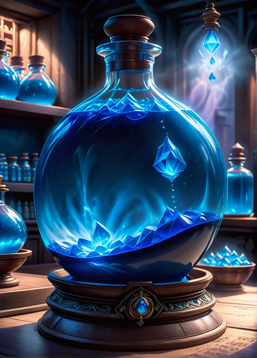 mana potion, (magic blue potion: 1.6),  (light blue glow: 1.5), potion shop background, ((looking at viewer:1.2), (from side:0.8)), volumetric lighting dynamic lighting, real shadows, vibrant contrasting colors, style of Stephen Hickman and Stan Manoukian, ultra realistic, masterpiece, high quality, highres, sharp focus, intricate, sharp details, highly detailed, rich color, 8K,
