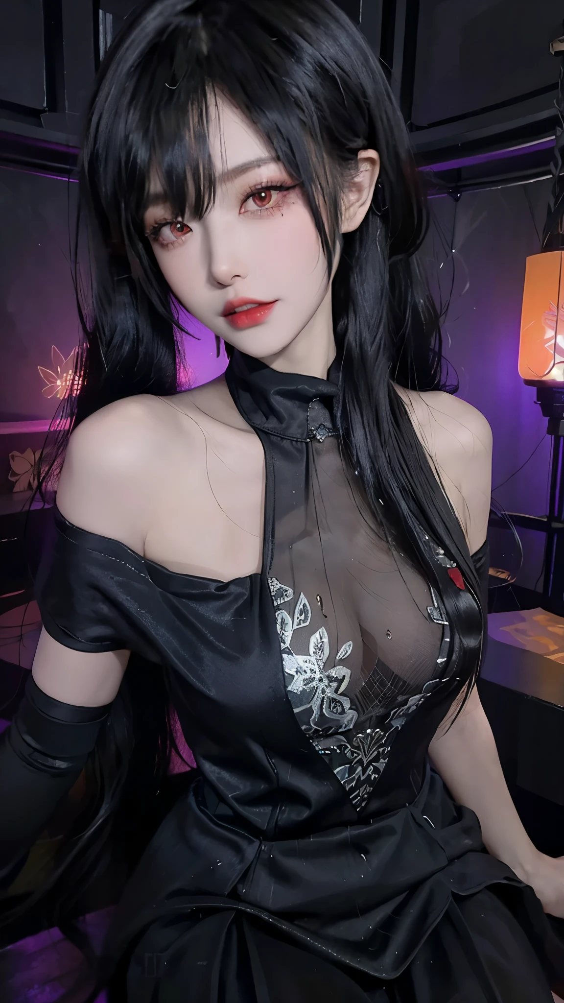 4k ultra high definition、best quality, masterpiece, Ultra-high resolution, (Reality: 1.4), 1 girl, Purple Eyes, Off-the-shoulder sweater dress, Light、purple and black hair、(My girl、My cosmetics)、(Danteidong、Large Breasts、Oversized off-the-shoulder black T-shirt、Dark miniskirt)、((Dark Makeup、Oily skin,有Light泽的皮肤、Realistic skin texture、Delicate and beautiful skin、容Light焕发的皮肤)), Dark city center at night、Kabukicho、Dark cyberpunk、(panoramic:1.8)(masterpiece, best quality, Extremely detailed, The best shadow), (Detailed background,Dark Fantasy), (Beautiful and delicate face), High contrast, (Optimal Lighting, Extremely refined), ((Light)), Colorful, Ultra Detailed, 戏剧性的Light, Intricate details, (1 girl, solitary,Black Hair, Pointed face,Low double ponytail,Red Eyes, Hair between the eyes,Dynamic Angle), Blood splatter, Black Light swirling around the character, Depth of Field,Black Light particles,(shattered glass),Magic Circle,