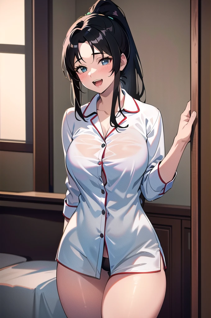 20 years old,1 girl, extremely thick thighs, hyperrealistic, 8k, (extremely detailed 8k), (very delicate and beautiful), (masterpiece), (better quality:1.0), (ultra high resolution:1.0), (masterpiece, best quality), cute,black hair,laugh with open mouth,pajamas,,leaning forward,ponytail,upper body,POV