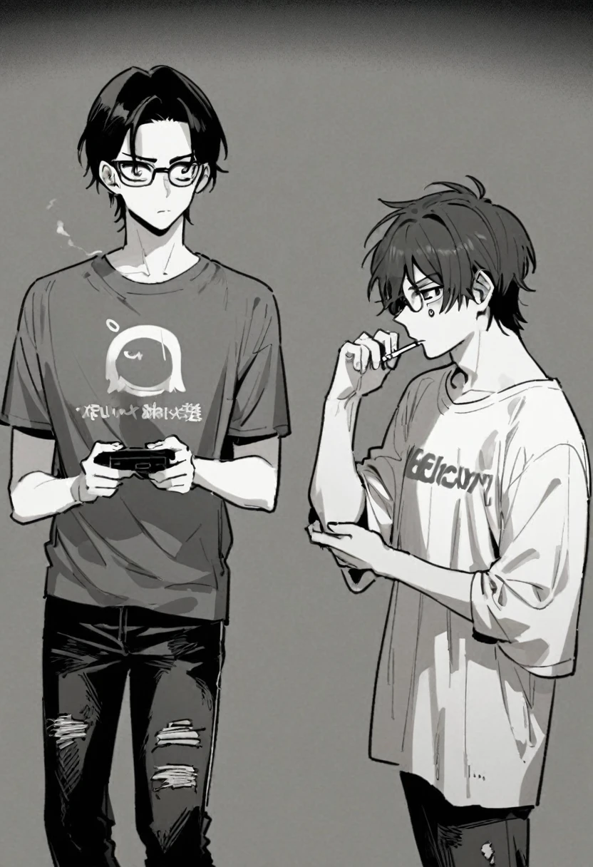 Alaric Vitalle, 26 years old, is a young intellectual with an unkempt and authentic appearance. His dark brown hair is always messy and he wears thick-rimmed glasses that give him a nerdy appearance. Standing 1.74 m tall, Alaric has a slender and relaxed build. His skin is slightly pale with dark circles under his eyes due to long hours of writing and playing games. He prefers simple clothes like anime t-shirts, distressed jeans, and comfortable sneakers. He has a small scar on his left eyebrow. His expression usually displays slight skepticism or sarcasm. He is smoking a cigarette and in the other hand an alcoholic drink.

 in the style of lora marvin, manga, medium shot, grayscale, monochrome, detailed face