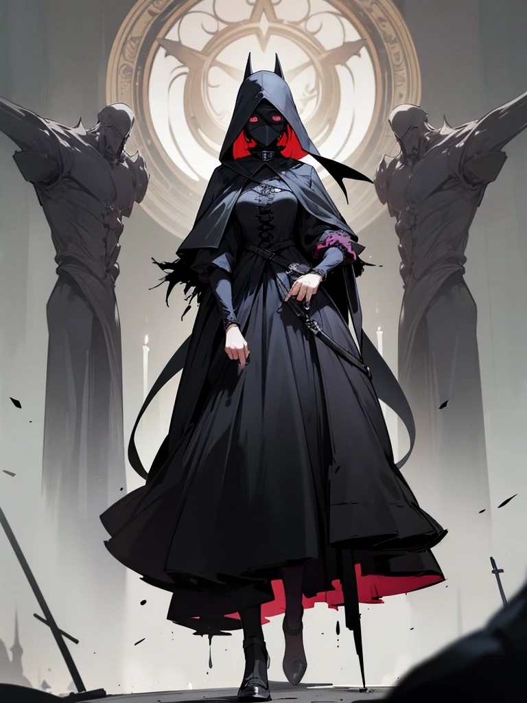 A female plague doctor. She would have totally black, short and messy hair. Her eyes would also be black and she would be very tall, having the appearance and stature of an adult. Her clothes would cover her entire body except for her face.