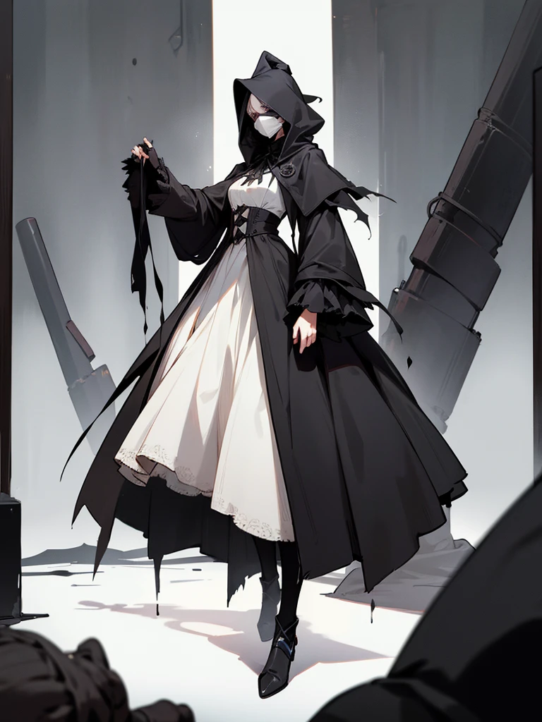 A female plague doctor. She would have totally black, short and messy hair. Her eyes would also be black and she would be very tall, having the appearance and stature of an adult. Her clothes would cover her entire body except for her face.