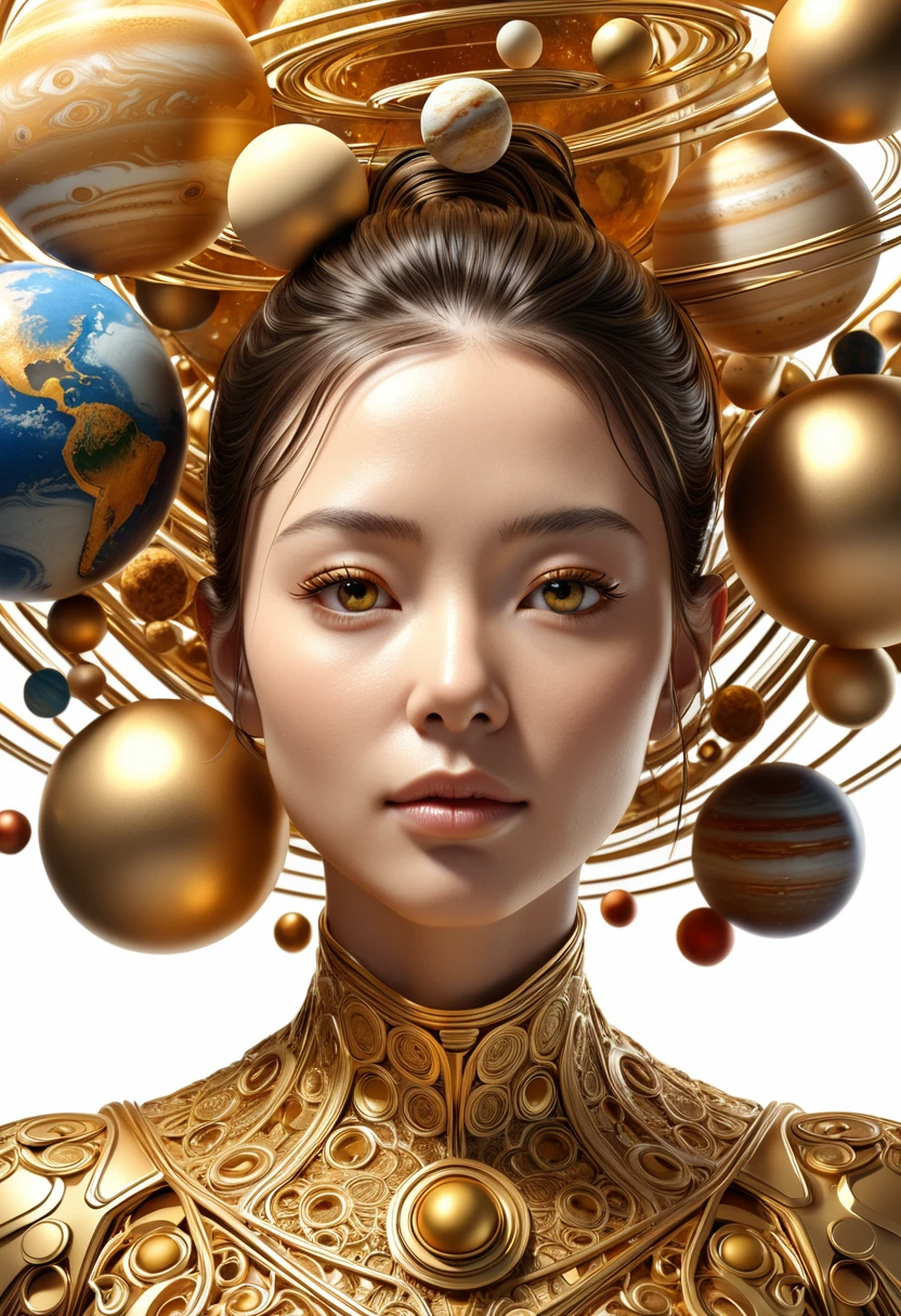 a highly detailed and intricate 3D portrait of a person, golden color, surrounded by many orbiting planets with complex planetary decorations, studio lighting, white background,Simple and clean,Light and Shadow,