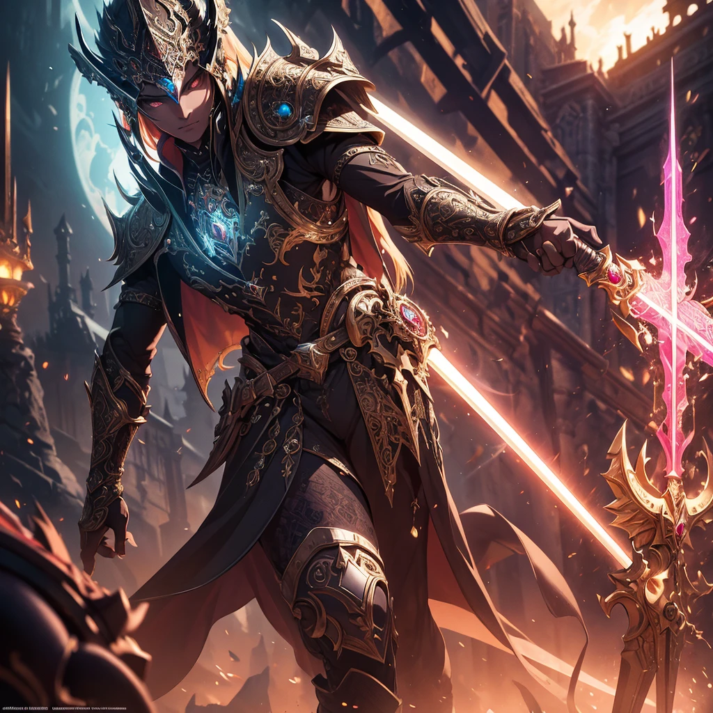 a highly ornate futuristic sword with a ruby pommel, intricate details, glowing energy, epic fantasy, cinematic lighting, dramatic pose, volumetric lighting, chiaroscuro, vibrant colors, hyper-detailed, 8k, photorealistic, masterpiece