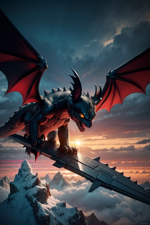 Image of a night fury dragon, flying between white clouds, toothless closeup, incredible beauty of design, detailed perfect 12k landscape photography cgi 