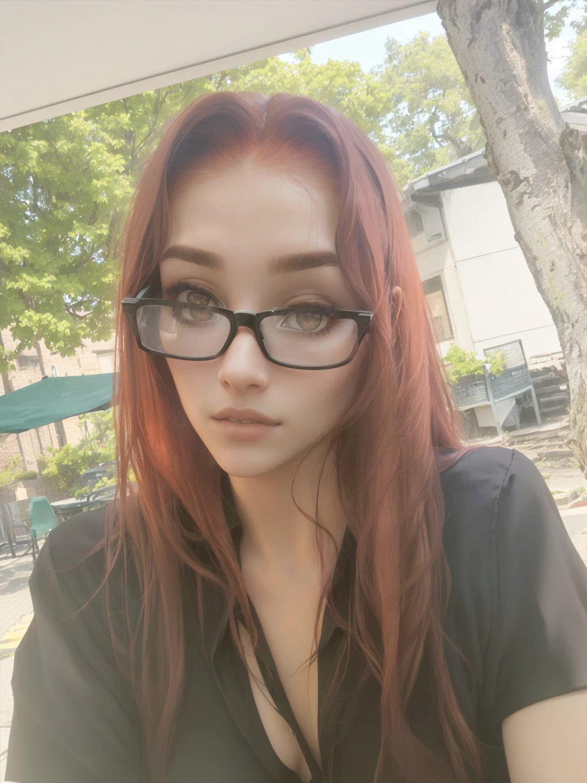 arafed woman Spectacled and a black shirt sitting in a chair, Spectacled, with red hair, Spectacled on, 18 years, about 1 9 years, 28 years, with long hair and piercing eyes, amorant, 23 years old, 29 years, 22, looking from the side, profile picture