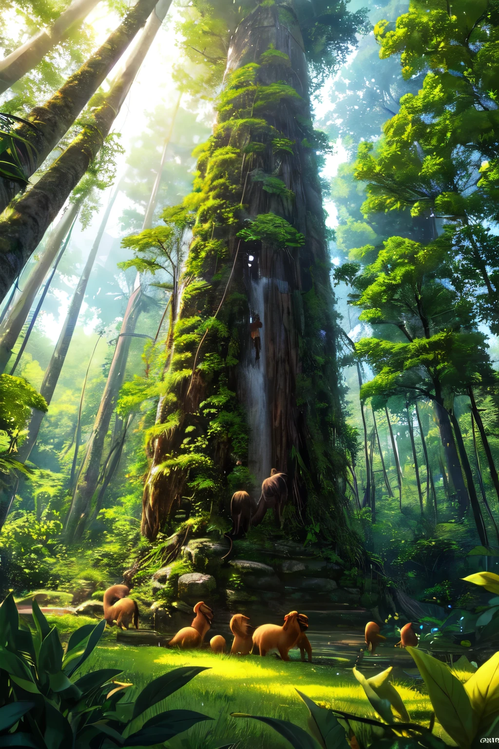 *The camera pans over a lush, dense forest. Sunlight filters through the tall trees, and the sounds of birds chirping and monkeys chattering fill the air. The scene is vibrant and full of life without worry.