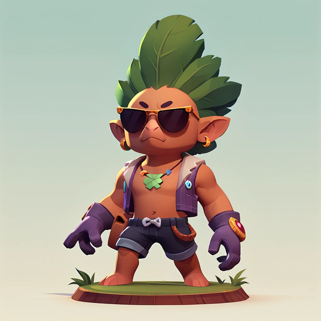 a creature resembles a living tree trunk, wearing sunglasses, wearing shorts and purple gloves