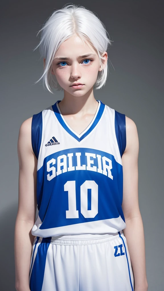 Basketball player, 16 year old girl with white hair, white skin and blue eyes, with a sad face