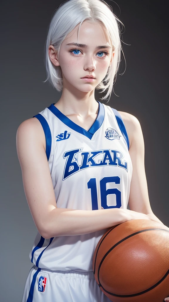 Basketball player, 16 year old girl with white hair, white skin and blue eyes, with a sad face